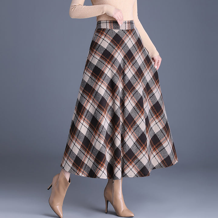 Damen nan weiter karierter Tellerrock aus Wollmix mit hoher Taille und Eingrifftaschen Drune