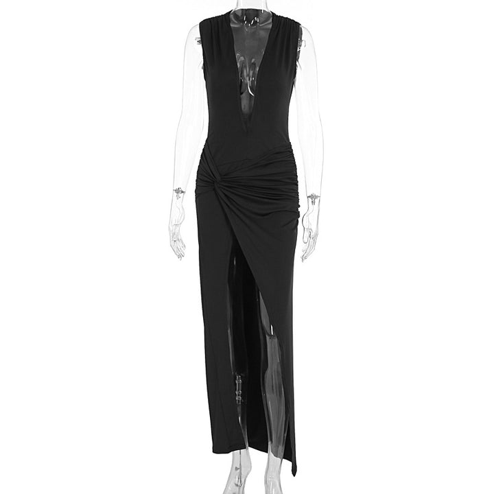 Damen elegantes langes Kleid mit tiefem V-Ausschnitt und raffinierter Raffung Drune
