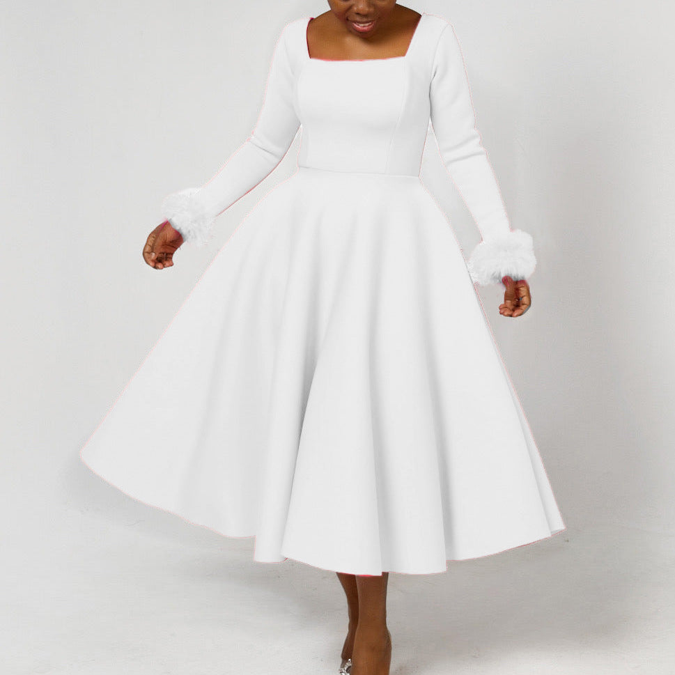 Damen Kleid mit quadratischem Ausschnitt und modischen Fuchsfell-Ärmeln Drune