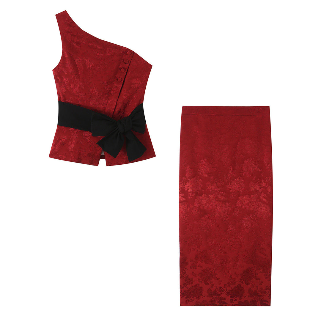 Damen Ein-Schulter Jacquard-Top mit Taillenband und Zierschleife Drune