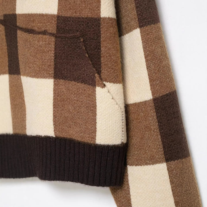 Damen Kariertes Strick-Cropped-Cardigan mit Reißverschluss und breitem Rippenkragen Drune
