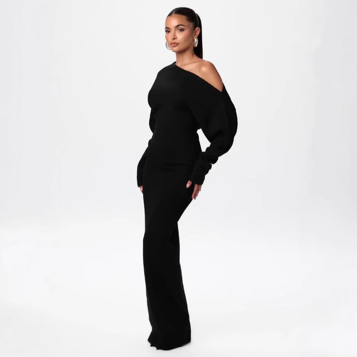 Damen One-Shoulder Maxi Strickkleid mit Übergroßen Ärmeln Drune