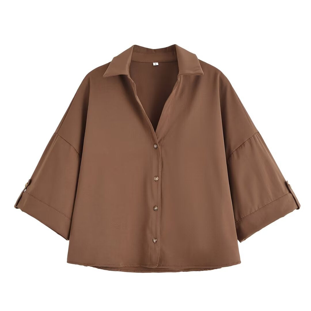 Damen Oversize-Hemdbluse mit dreiviertel-Ärmeln und Manschetten Drune