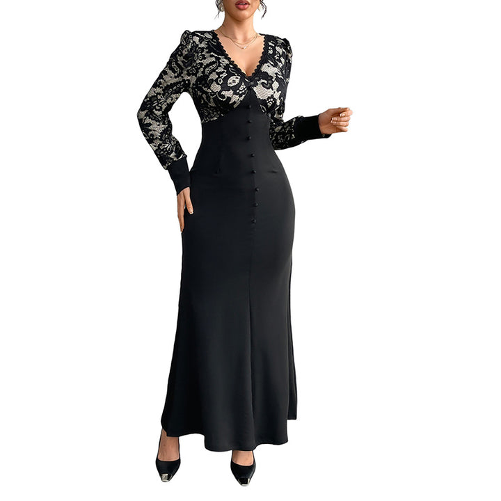 Damen Figurbetontes Maxikleid mit Spitzenoberteil, V‑Ausschnitt und Zierknopfleiste Drune