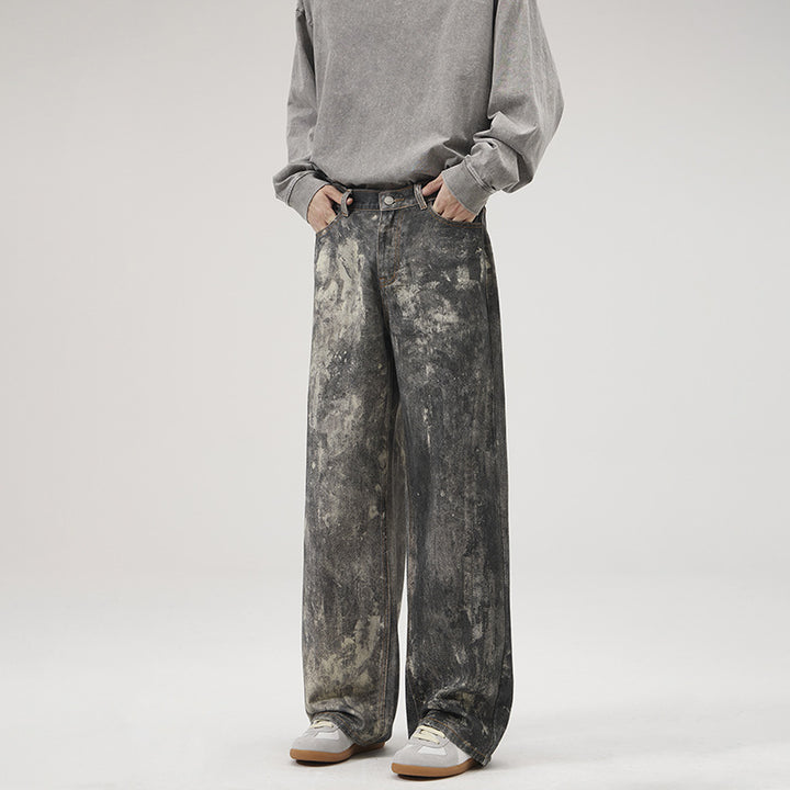 Herren Baggy-Denim mit künstlerischer Bleach-Optik und weitem Bein Drune