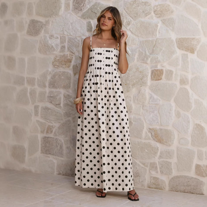 Damen Maxikleid mit verspieltem Punkte-Muster und schulterfreien Trägern Drune