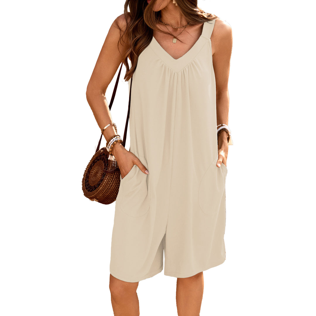 Damen ärmelloses Jumpsuit mit tiefem V-Ausschnitt und praktischen Taschen Drune
