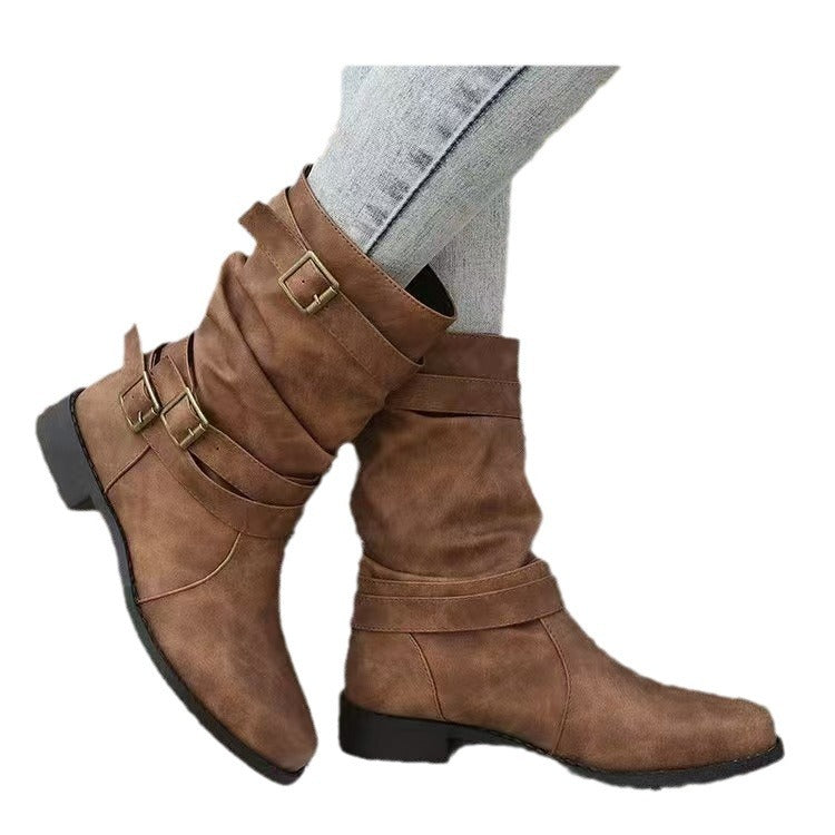 Damen nan lässiger mittlerer Schaftstiefel mit weichem Slouch-Effekt, dekorativen Schnallenriemen und robustem Blockabsatz Drune