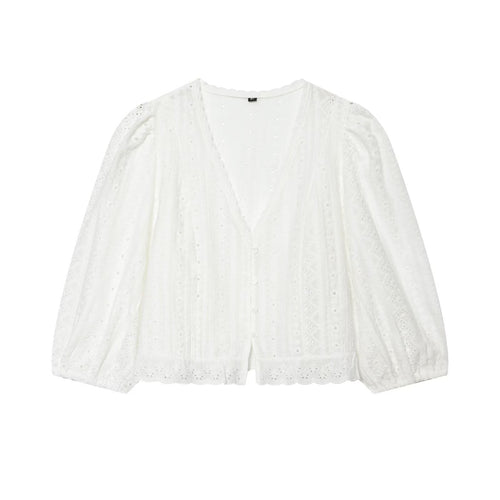 Damen Baumwoll-Spitzen-Cardigan mit V‑Ausschnitt, Knopfleiste und Ballonärmeln Drune