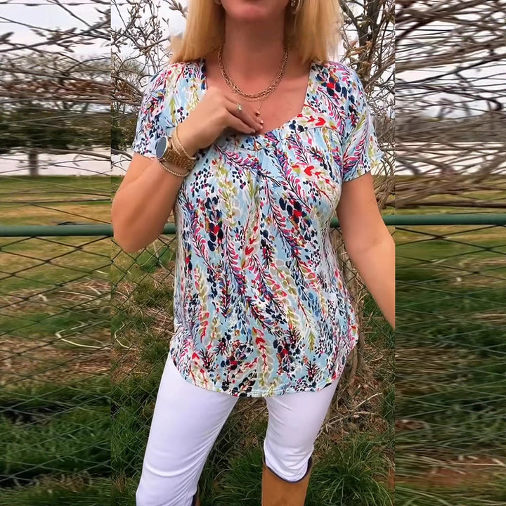 Damen nan leichtes florales Rundhals-Printshirt mit Brustfalten und legerer Hüftlänge Drune