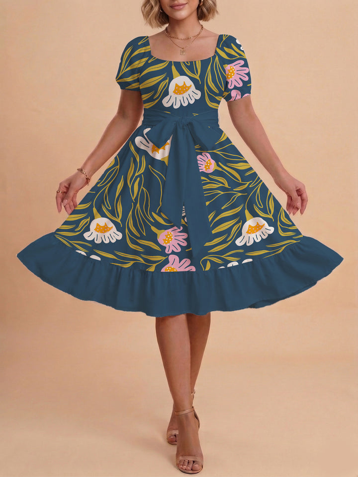 Damen Sommerliches Blumenkleid mit taillierbarem Gürtel und voluminösen Ärmeln Drune