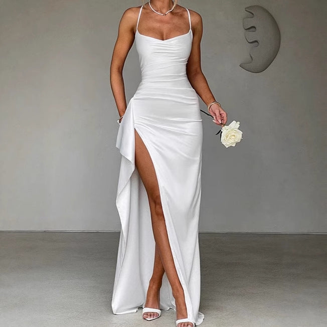 Damen Elegantes Maxikleid mit seitlichem Schlitz und raffinierten Spaghetti-Trägern Drune