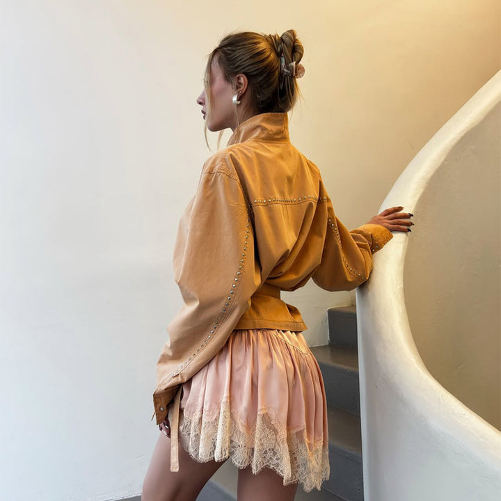 Damen Satin-Spitzen-Minirock mit luxuriösem Glanz und zarter Spitzenborte Drune