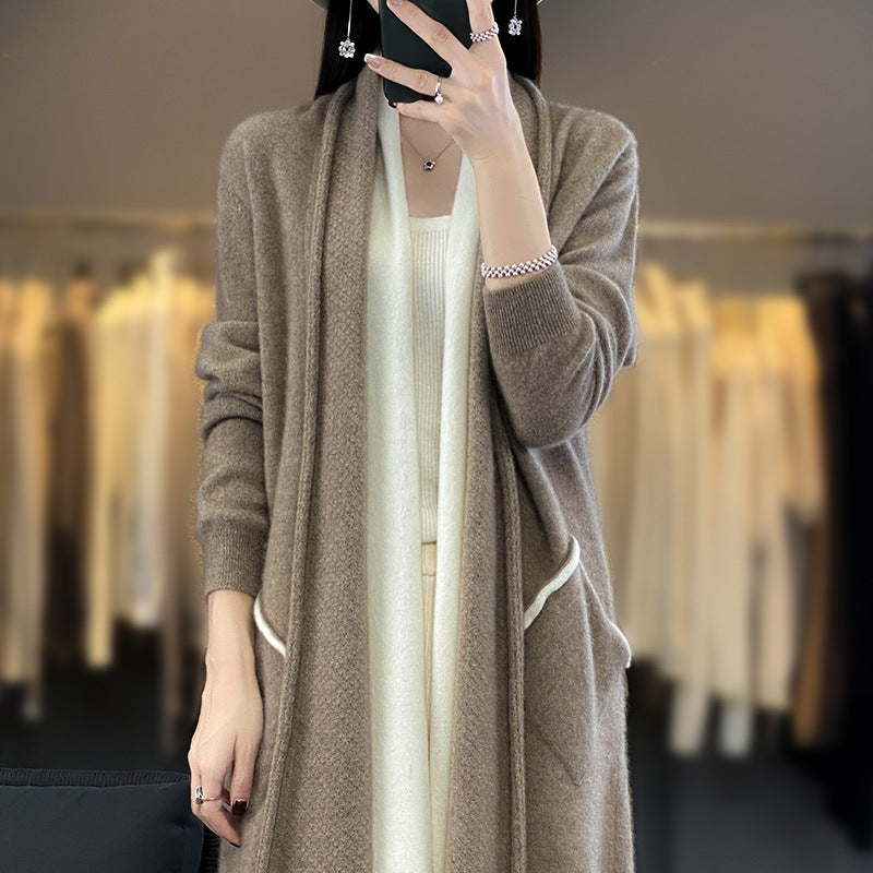 Damen Langer offener Cardigan in Kaschmir‑Look mit Schalkragen und Eingriffstaschen Drune