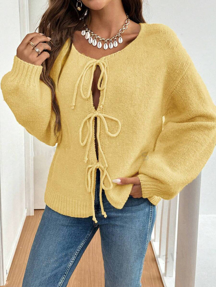 Damen lässiger Strickcardigan mit Bindebändern Drune