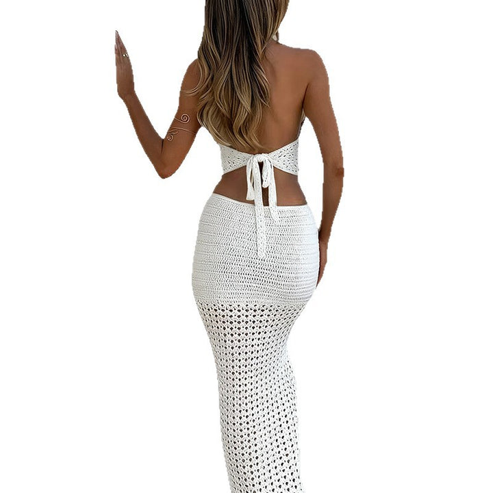 Damen gehäkeltes Maxikleid mit tiefem V-Ausschnitt und figurbetonter Silhouette Drune