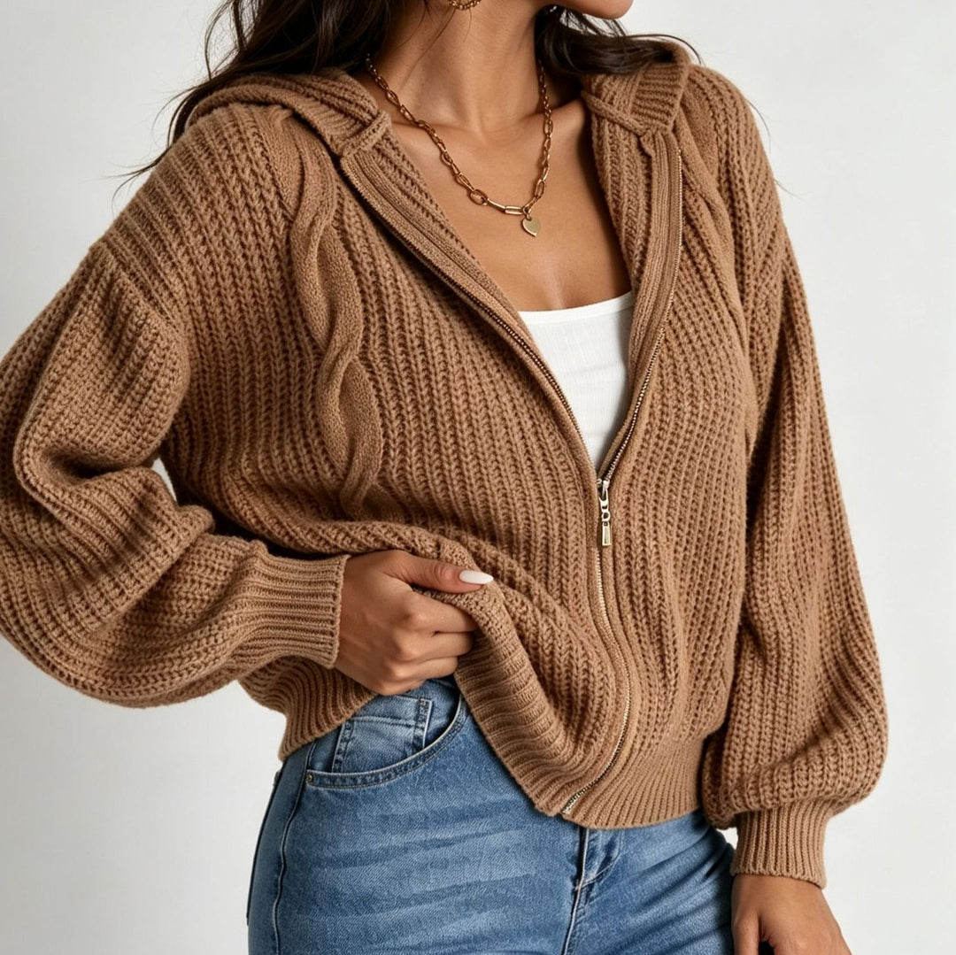 Damen Kapuzen-Cardigan im Grobstrick mit Zopfmuster und Reißverschluss Drune