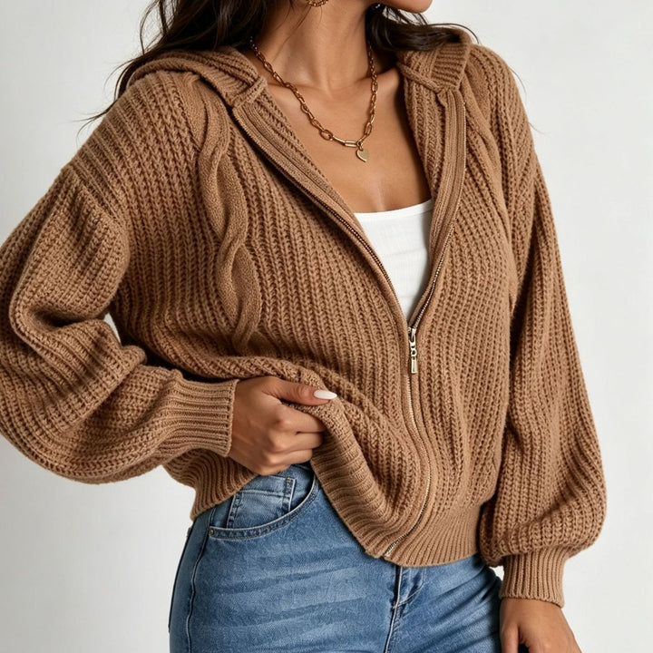 Damen Kapuzen-Cardigan im Grobstrick mit Zopfmuster und Reißverschluss Drune
