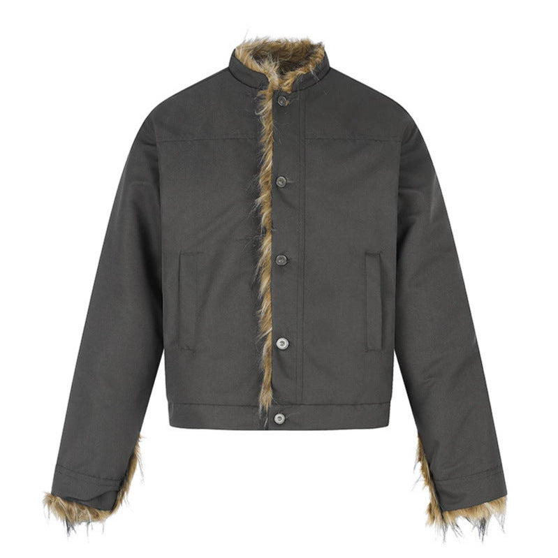 Damen Kurzjacke mit Kunstfellfutter, Stehkragen und verdeckter Knopfleiste Drune