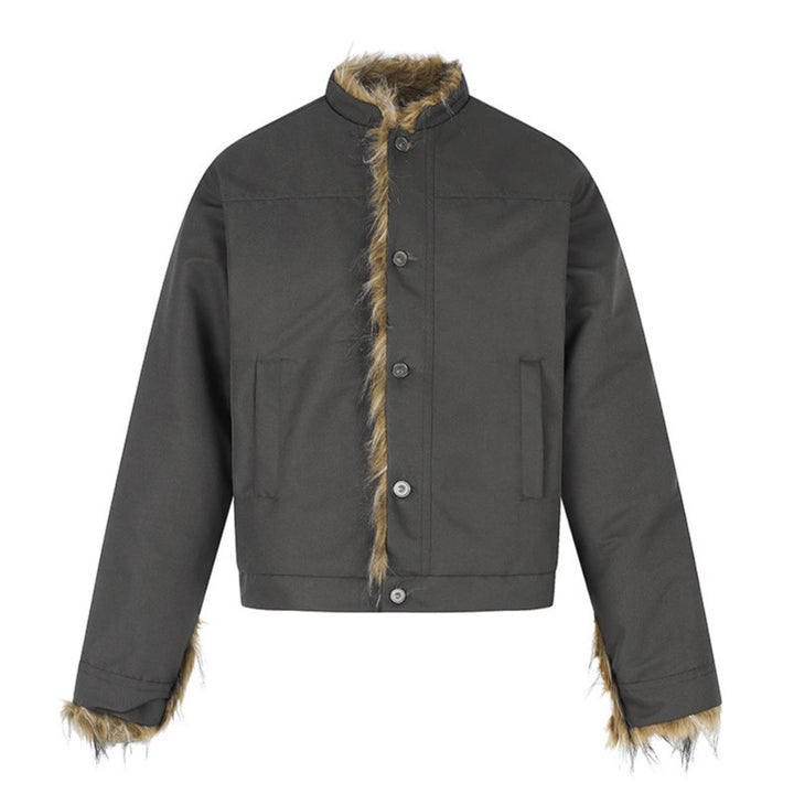 Damen Kurzjacke mit Kunstfellfutter, Stehkragen und verdeckter Knopfleiste Drune