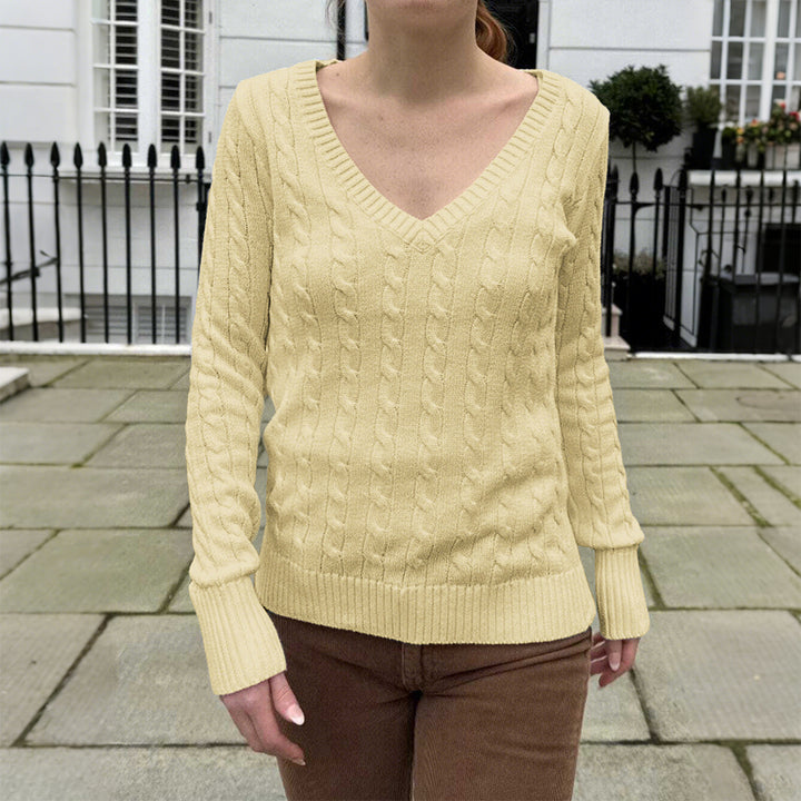 Damen nan Feinstrickpullover mit Zopfmuster, tiefem V‑Ausschnitt und schmaler Bundpassform Drune