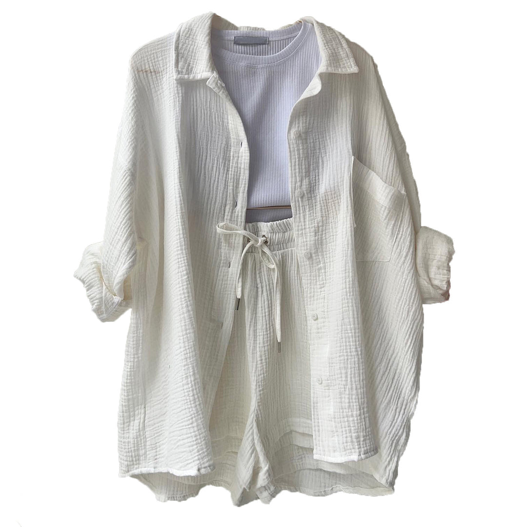 Damen Dreiteiliges Leinenoptik-Lounge-Set mit offenem Hemd, Crop-Top und hoher Taillen-Shorts Drune