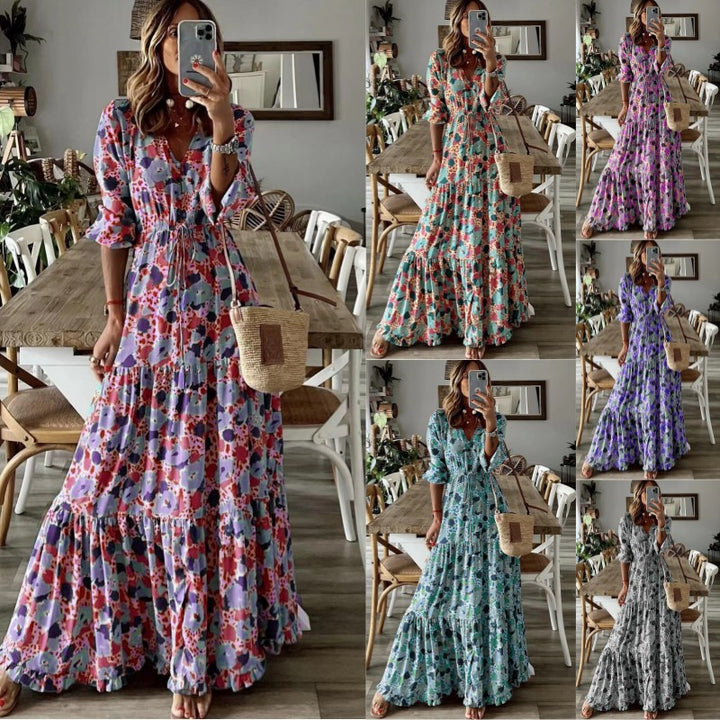 Damen Maxikleid mit Blumenprint, V‑Ausschnitt, Stufenvolant und Tunnelzugtaillen Drune