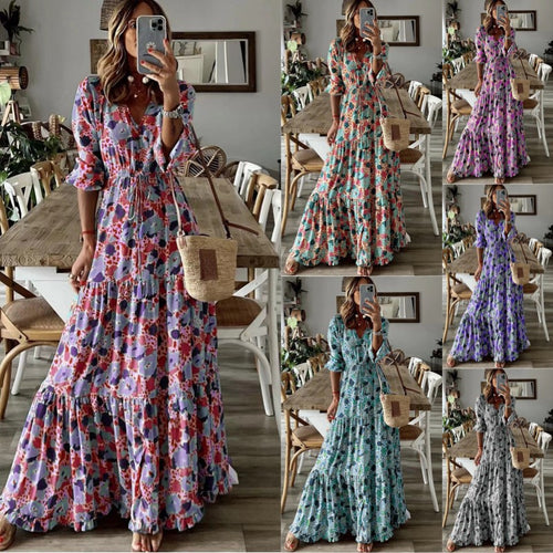 Damen Maxikleid mit Blumenprint, V‑Ausschnitt, Stufenvolant und Tunnelzugtaillen Drune