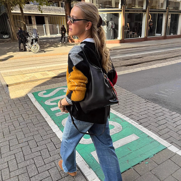 Damen Oversize Argyle-Pullover aus Mohair-Mix mit Rundhalsausschnitt und kontrastierenden Rautendetails Drune