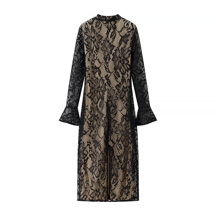 Damen nan florales Spitzen-Midikleid mit gefüttertem Nude-Unterkleid, Stehkragen, V-Schlitz und Glockenärmeln Drune