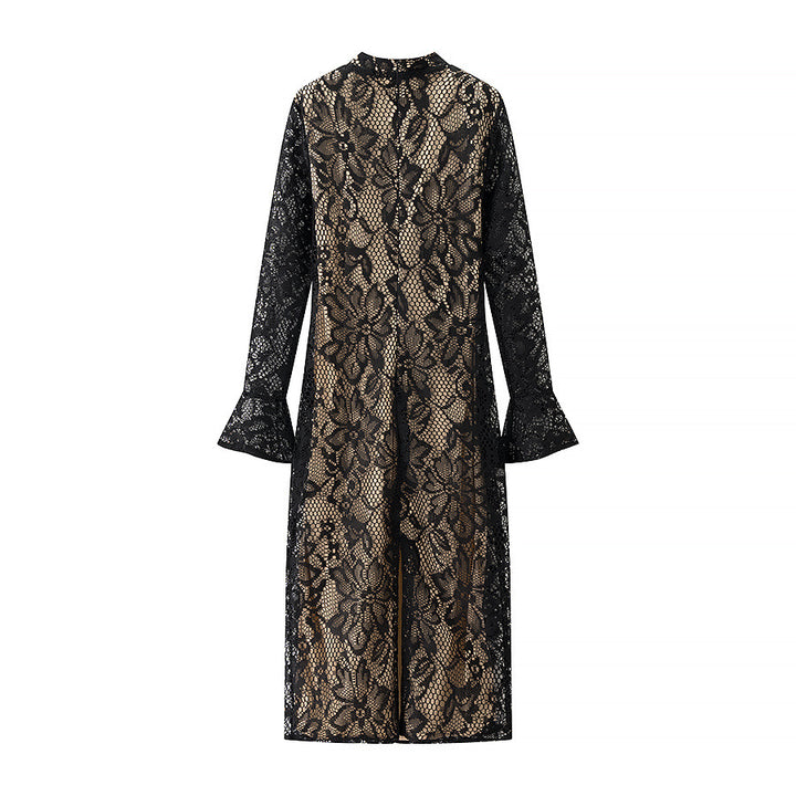Damen nan florales Spitzen-Midikleid mit gefüttertem Nude-Unterkleid, Stehkragen, V-Schlitz und Glockenärmeln Drune