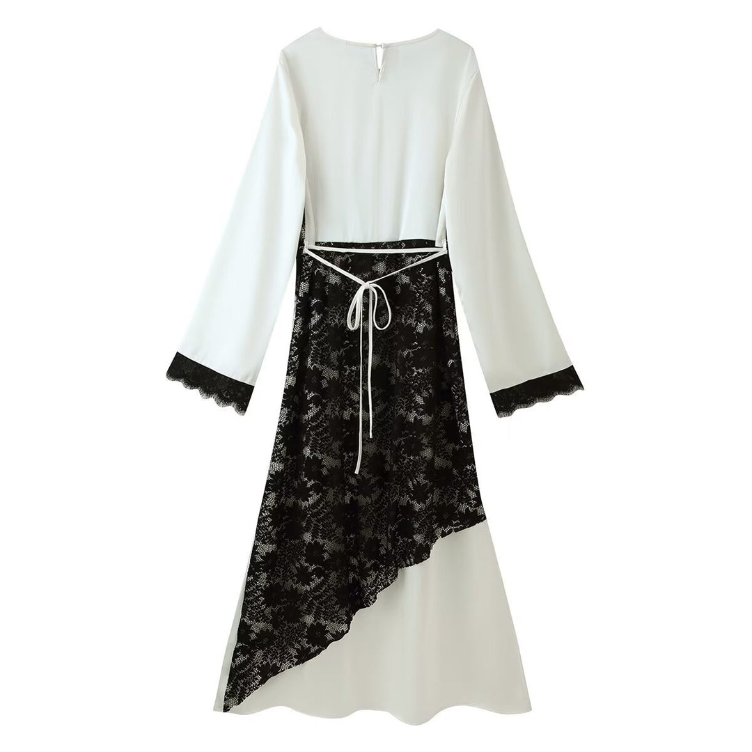 Damen Midikleid mit asymmetrischer Spitzenapplikation und langen Glockenärmeln Drune