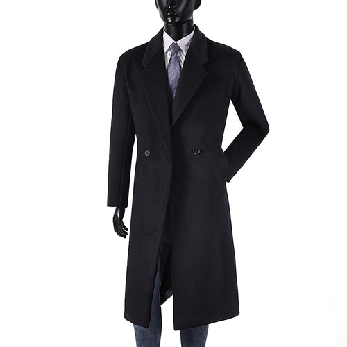 Herren Maxilanger Wollmantel im minimalistischen Schnitt mit schmalem Revers und seitlichen Eingrifftaschen Drune