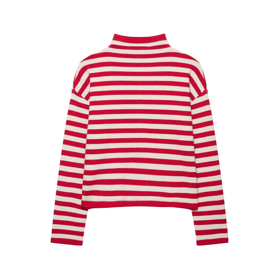 Damen gestreifter Feinstrick-Cardigan mit Stehkragen und durchgehender Knopfleiste Drune
