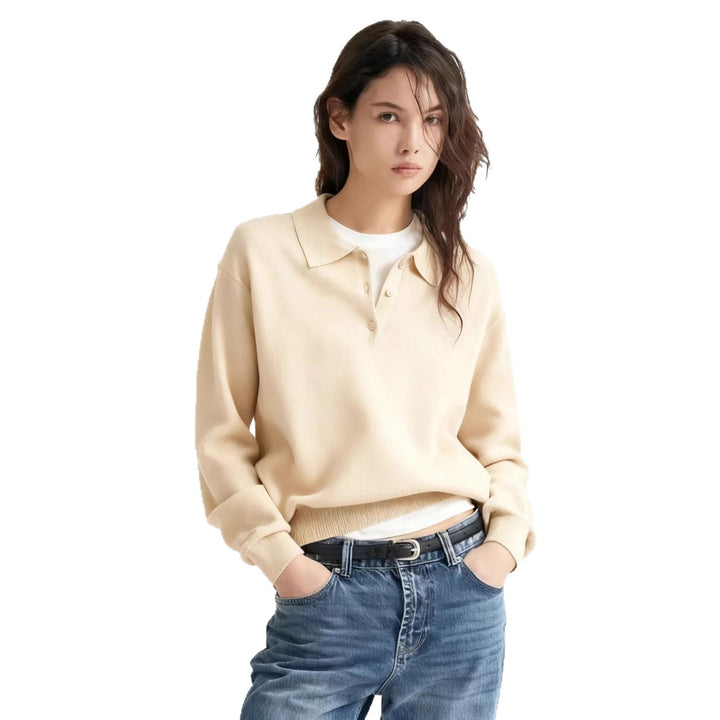 Damen Feinstrick-Polo-Sweater mit Knopfleiste und geripptem Saum Drune