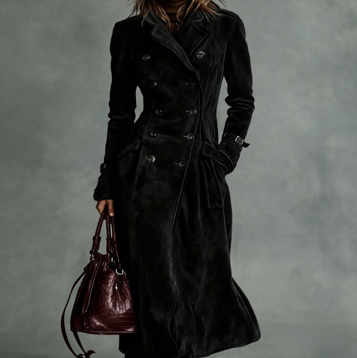 Damen Langer Taillierter Trenchcoat aus Veloursleder‑Optik mit doppelreihiger Knopfleiste und Schnallenmanschetten Drune