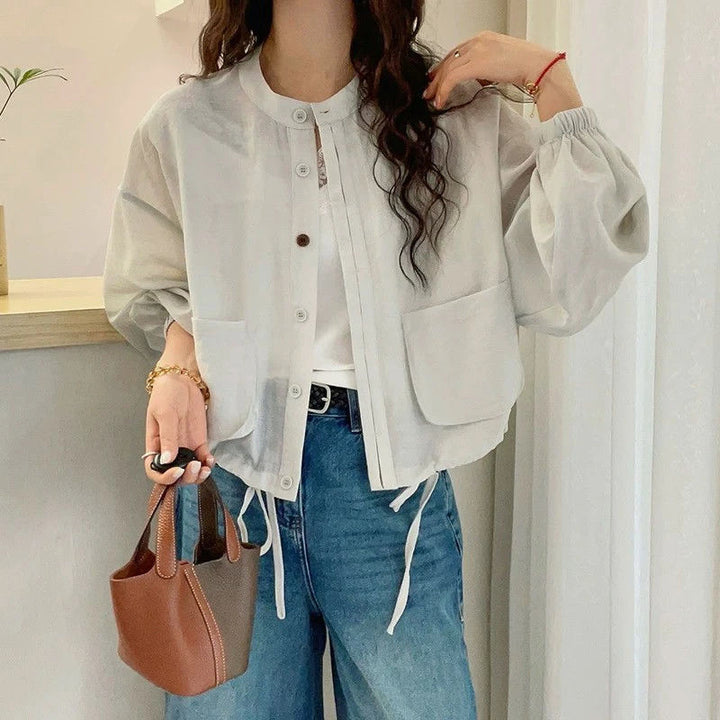 Damen lässige kurzärmelige Jacke mit Taschen und Kordelzug Drune