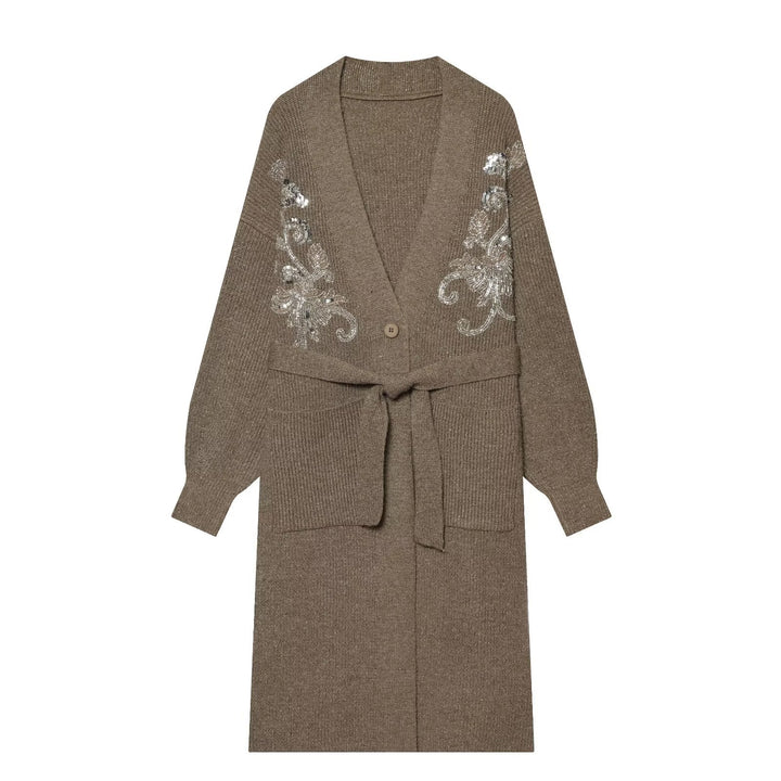 Damen Langer Strickcardigan mit Taillengürtel und Pailletten‑Stickerei Drune