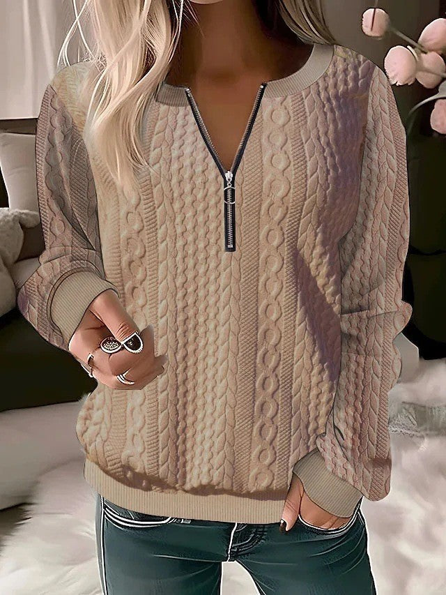 Damen Strukturierte Zopfmuster Sweatshirt mit Halbreißverschluss und Rippbündchen Drune