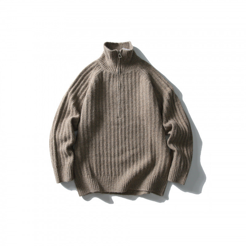 Unisex Oversize-Rippstrick-Halbzip-Pullover mit Stehkragen Drune