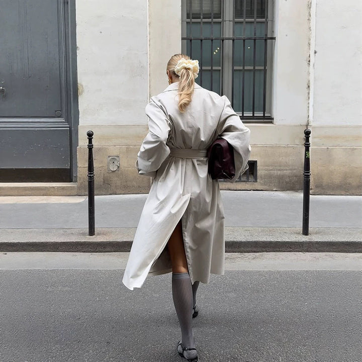 Damen Midilanger Trenchcoat im Cocoon‑Cut mit Bindegürtel und Raglanärmeln Drune