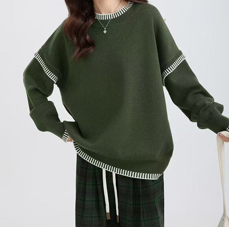 Damen lässiger Strickpullover mit breitem Rundhalsausschnitt und Übergangs-Streifenmuster Drune