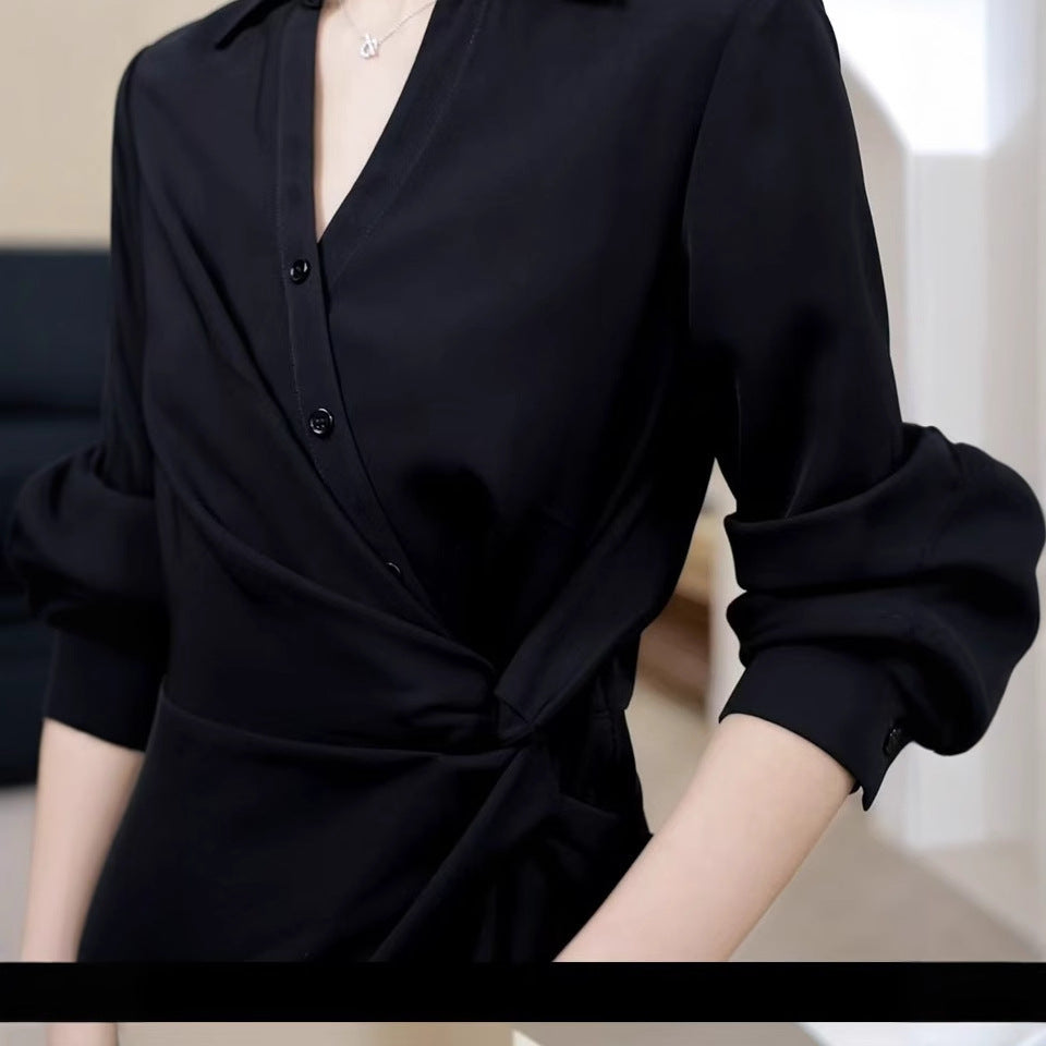 Damen Midikleid im Hemdblusen-Stil mit Taillenbindung und fließender A-Linie Drune
