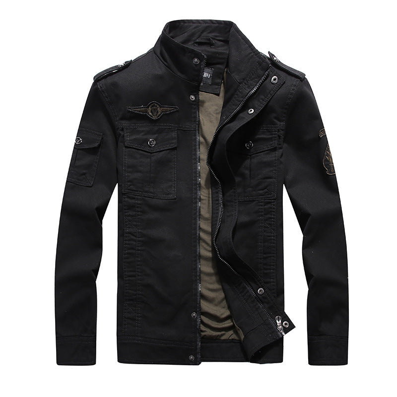 Herren leichter Canvas-Militärblouson mit Stehkragen, Schulterklappen und Mehrfach‑Pattentaschen Drune