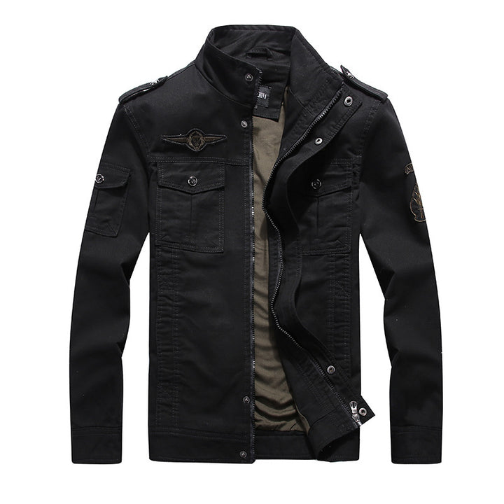 Herren leichter Canvas-Militärblouson mit Stehkragen, Schulterklappen und Mehrfach‑Pattentaschen Drune