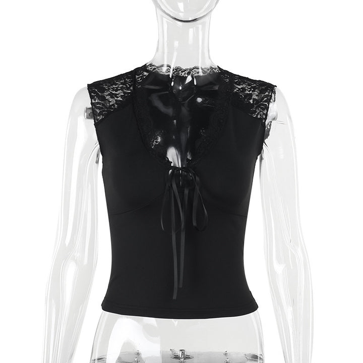 Damen Top mit Spitzenbesatz und raffiniertem Bindedetail Drune