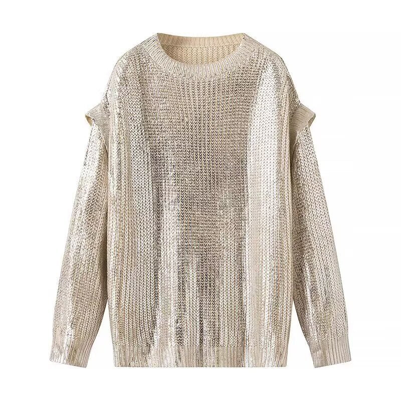 Damen Oversized Strickpullover mit Cut-Out-Schultern und Metallic-Glanz Drune