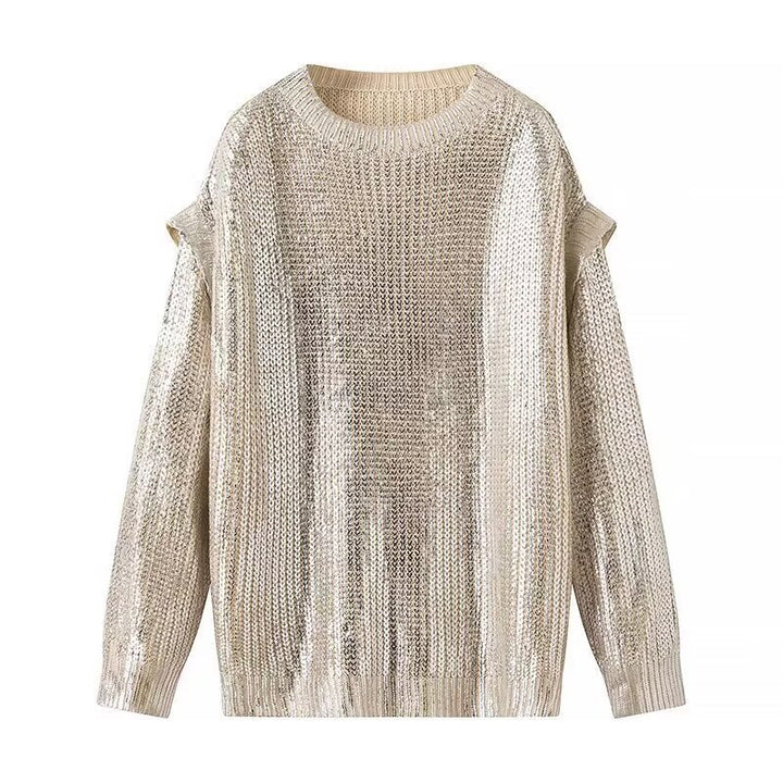 Damen Oversized Strickpullover mit Cut-Out-Schultern und Metallic-Glanz Drune