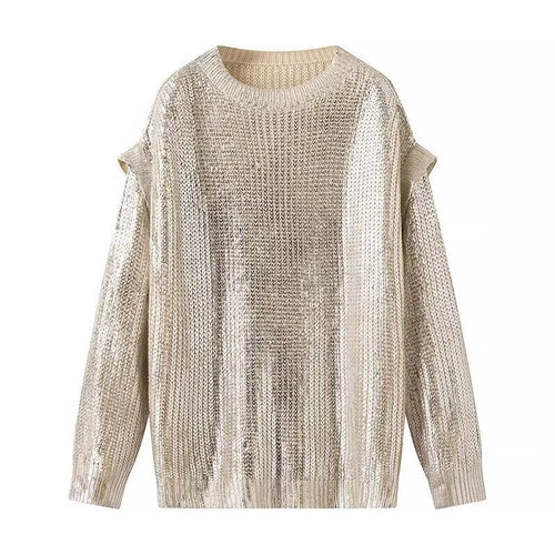 Damen Oversized Strickpullover mit Cut-Out-Schultern und Metallic-Glanz Drune