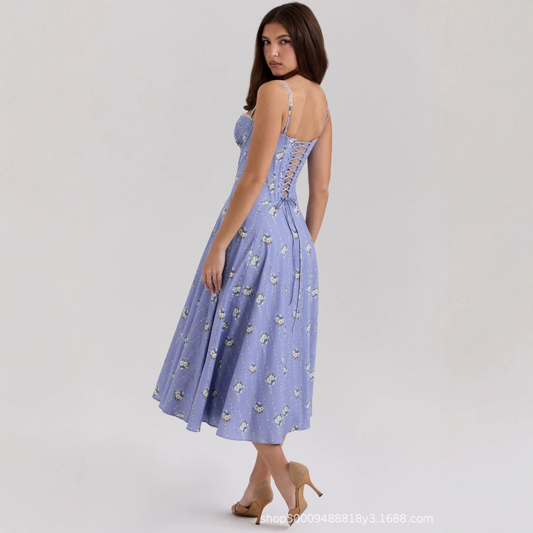 Damen Midi-Kleid mit floralem Design und feinen Spaghetti-Trägern Drune